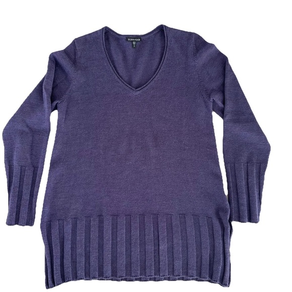 Eileen Fisher Merino Wool Sweater Size Medium Purple Lagenlook V-Neck Slit Side - Picture 6 of 14